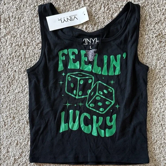NWT Vinyl Black Graphic “Feelin’ Lucky” Tank Top Sz Large - Picture 4 of 5